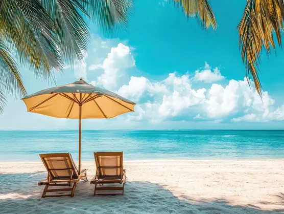 Zwei hölzerne Liegestühle unter einem großen beigen Sonnenschirm stehen an einem Sandstrand. Palmwedel rahmen die Szene ein und bieten Blick auf ein ruhiges türkisfarbenes Meer unter einem blauen Himmel mit flauschigen Wolken.