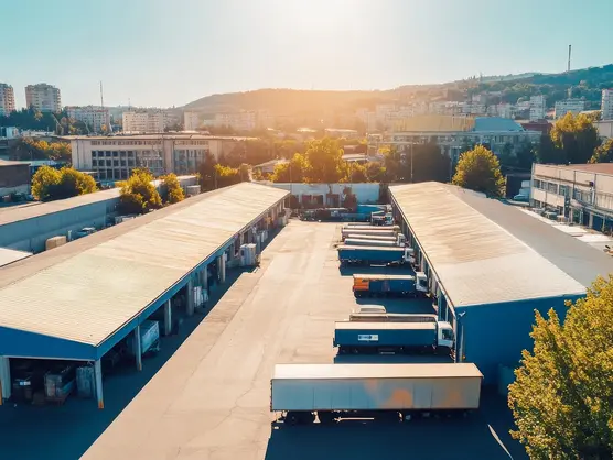 Luftaufnahme eines Logistikzentrums mit mehreren großen Lagerhallen und geparkten Sattelschleppern unter klarem Himmel. Die Sonne taucht das Industriegebiet in einen warmen Schein. Im Hintergrund sind Stadtgebäude und ein Hügel zu sehen.